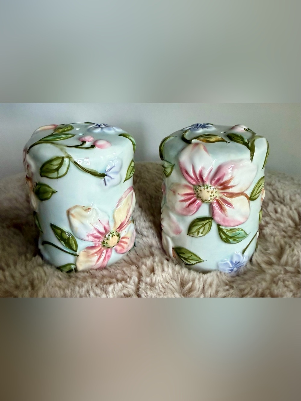 Floral Ceramic Salt & Pepper Shakers Raised 3D Flowers Cottagecore Pastel Set